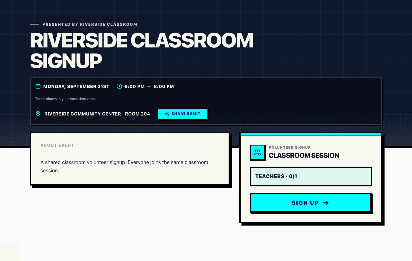 Real Proximatic public event page showing an approved Teacher with one place available while twenty Students are assigned