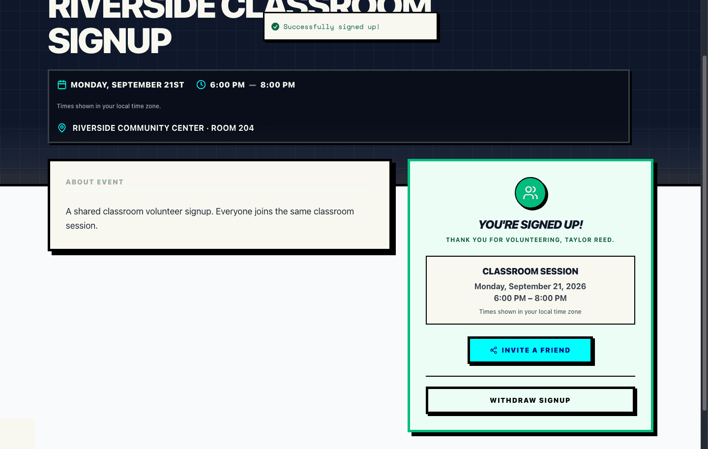 Real Proximatic public event confirmation showing a Teacher assigned to the same shared classroom session